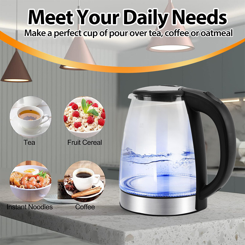 360° Rotation Electric Kettle Glass LED Light Kitchen Water Jug