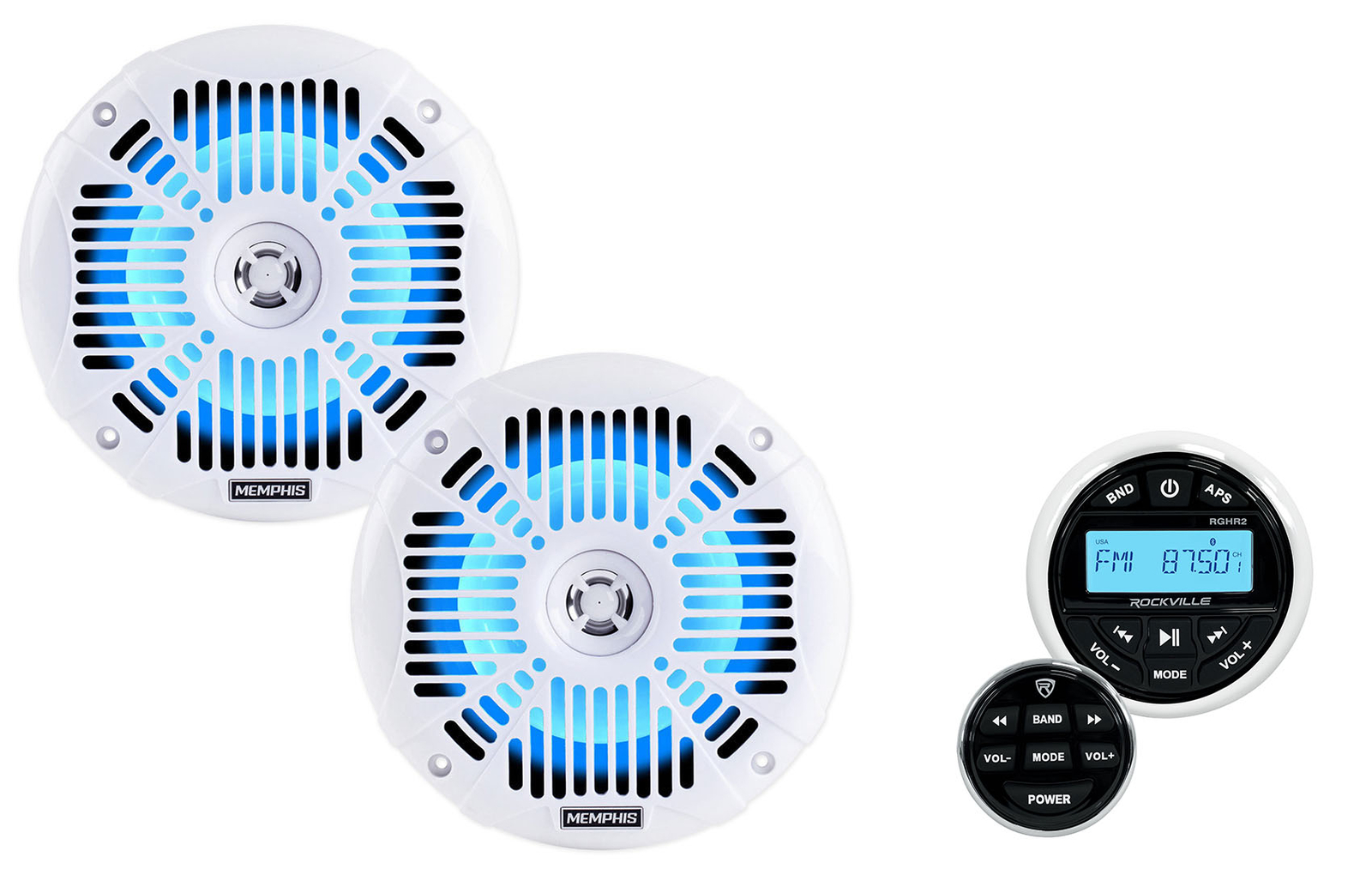 Морской Bluetooth-приемник Rockville RGHR2 Пульт дистанционного управления Светодиодные динамики Memphis Audio 65