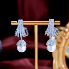 Top Pave Settings CZ White Gold Plated Long Pearl Dangle Drop Earrings for Bride