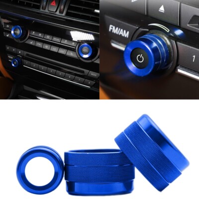 3pcs Blue AC Climate Control Radio Volume Knob Ring Cover For 