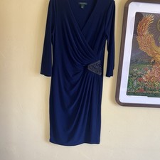 Lauren by Ralph Lauren Dress Women's Size 12 Sheath Faux Wrap Navy Dress