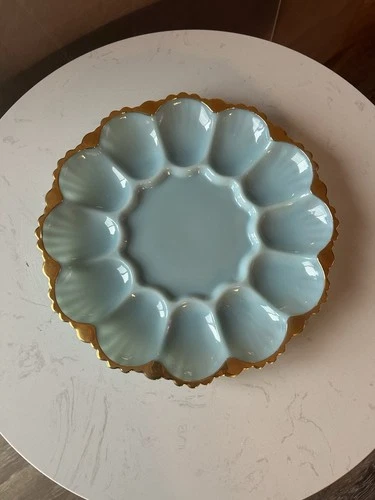 Vintage Anchor Hocking Delphite Blue Milk Glass With Gold Edge Deviled Egg Plate
