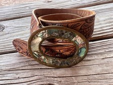 VINTAGE WESTERN TOOLED LEATHER BELT WITH INLAID ABALONE SHELL BUCKLE CHAMBERS 32