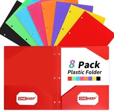 8 Pack Plastic Folders with Pockets 3 Hole Punched, Assorted Colors Durable