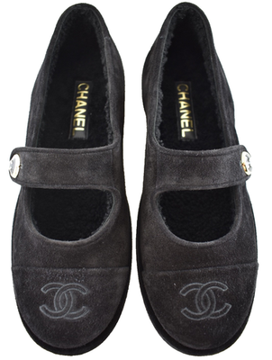 Chanel 25B Black Suede Shearling Fur Mary Jane Moccasin Ballet