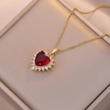 Red Heart Halo Necklace 18k Gold Plated Cubic Zirconia CZ Pendant Gift + Pouch