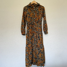 Gold and Navy Floral Long Sleeve Shirt Dress with Elastic Waist Size Small 
