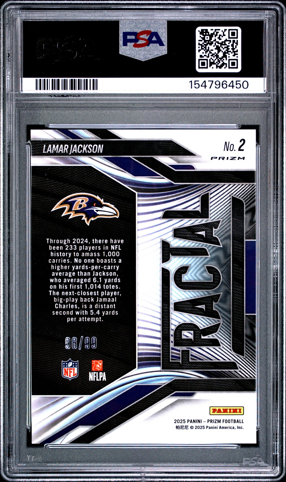 2025 PANINI PRIZM FRACTAL BLUE ICE #2 LAMAR JACKSON 96/99 PSA 10 view 2