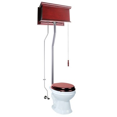 Cherry Wood Flat Panel High Tank Toilet White Round Satin Rear Entry