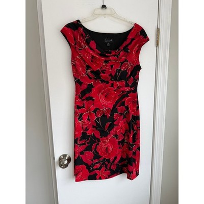 Connected Apparel Red Floral Cowl Neck Sheath Dress Black Gold Metallic 8P