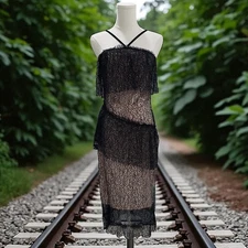 Nasty Gal Black Lace Party Dress Womens Size 4 Sheer Midi Soft Coral Lining Sexy