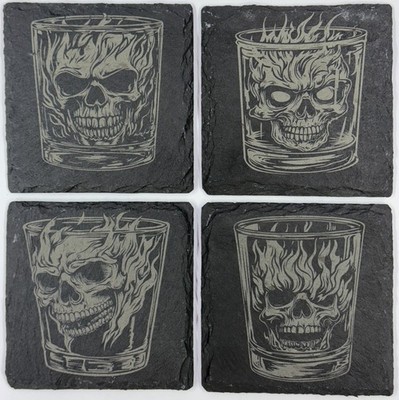 Flaming Skull Whiskey Glass Slate Coasters   Gothic Barware - 4 Designs