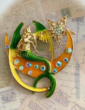Magical Enamel Mermaid on Crescent Moon Brooc...