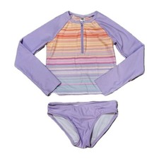 Osh Kosh Girl 2 Piece Purple Stripe Long Sleeve Rash Guard Swimsuit Bikini 12