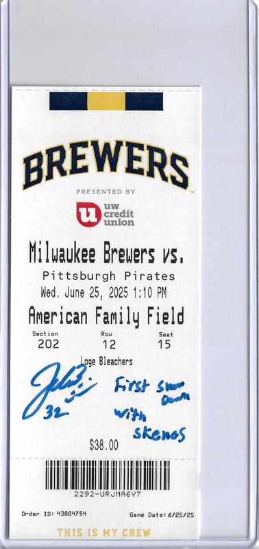 Jacob Misiorowski Autographed Brewers MLB June 25th Ticket SKENES GAME PROVA