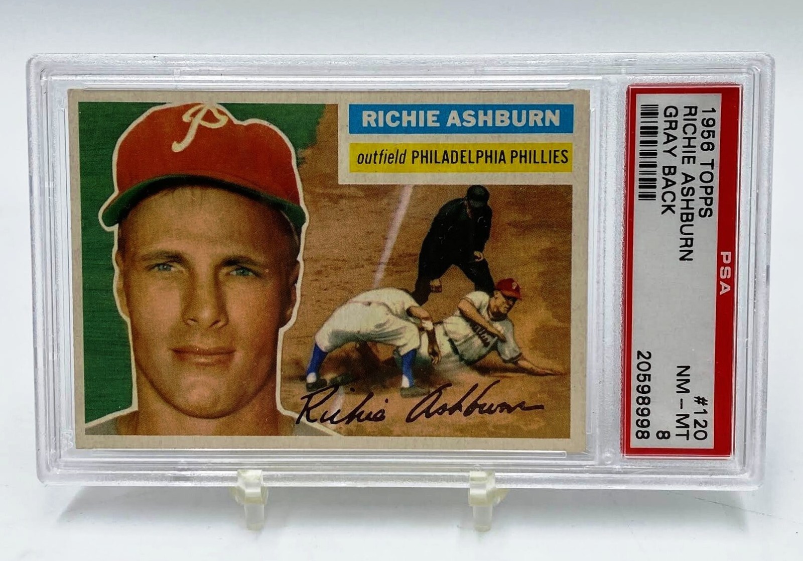 1956 TOPPS #120 RICHIE ASHBURN PHILLIES HOF GRAY BACK BASEBALL CARD PSA 8