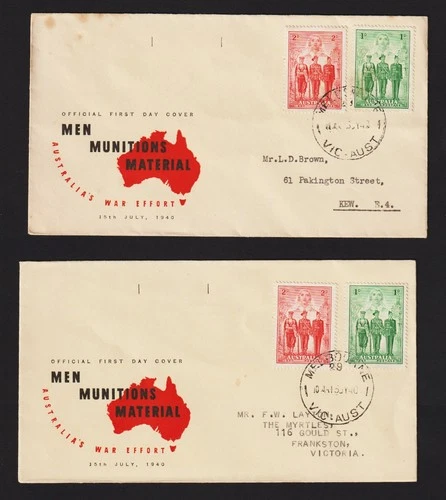AUSTRALIA PAIR OF FDC 1940 ARMED FORCES PARTIAL SET ADDRESSED