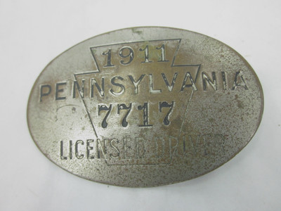 1911 Pennsylvania Licensed Driver Brass Badge Oval Antique Pin-Back Chauffeur