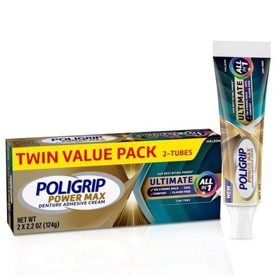 Power Max Ultimate All-In-1 Denture Adhesive Cream, Zinc Free, 2.2 Oz (2 Pack)