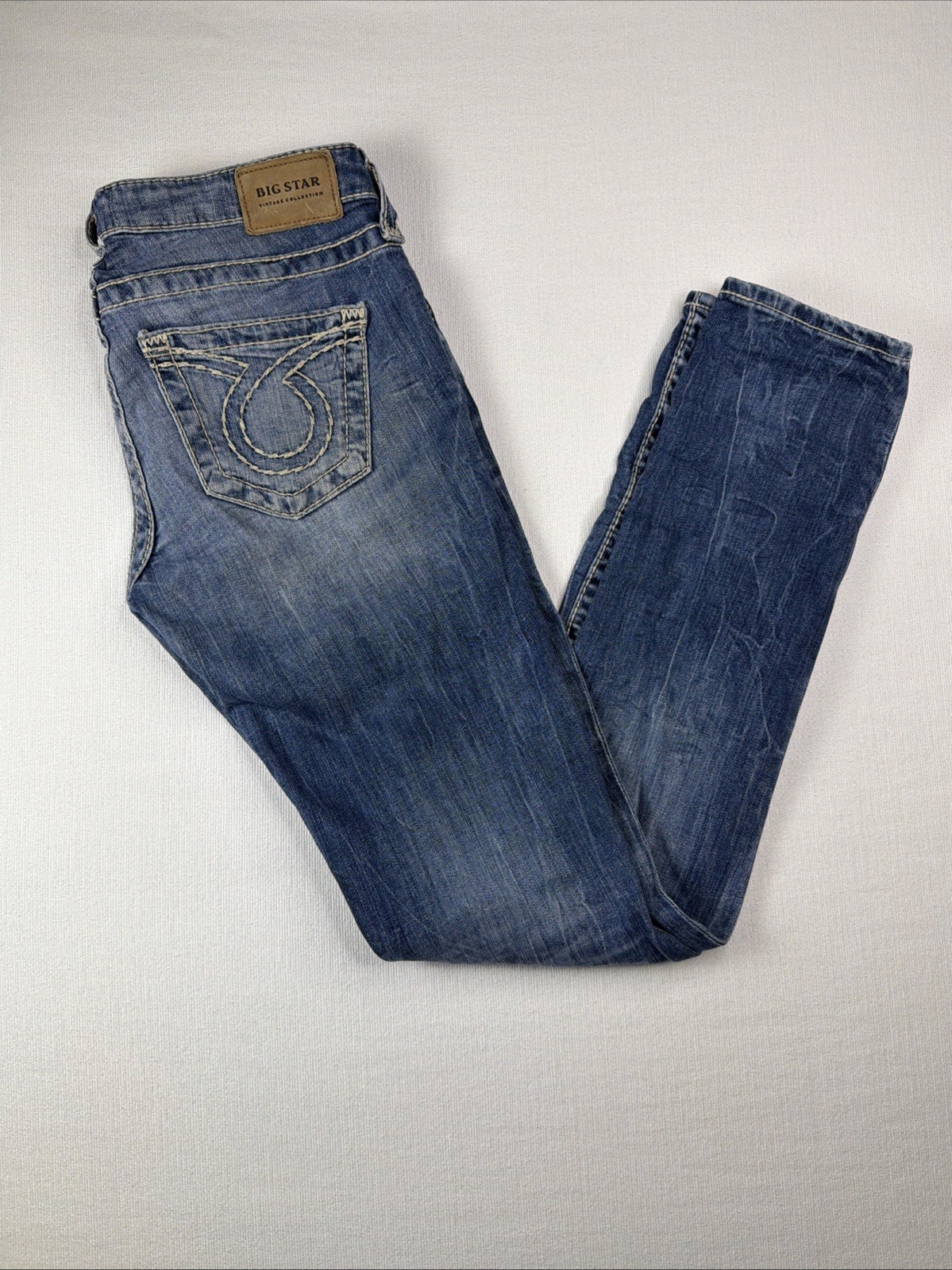 Big Star Liv Skinny Jeans Womens 26R Blue Distressed Thick Stitch Low Rise Denim