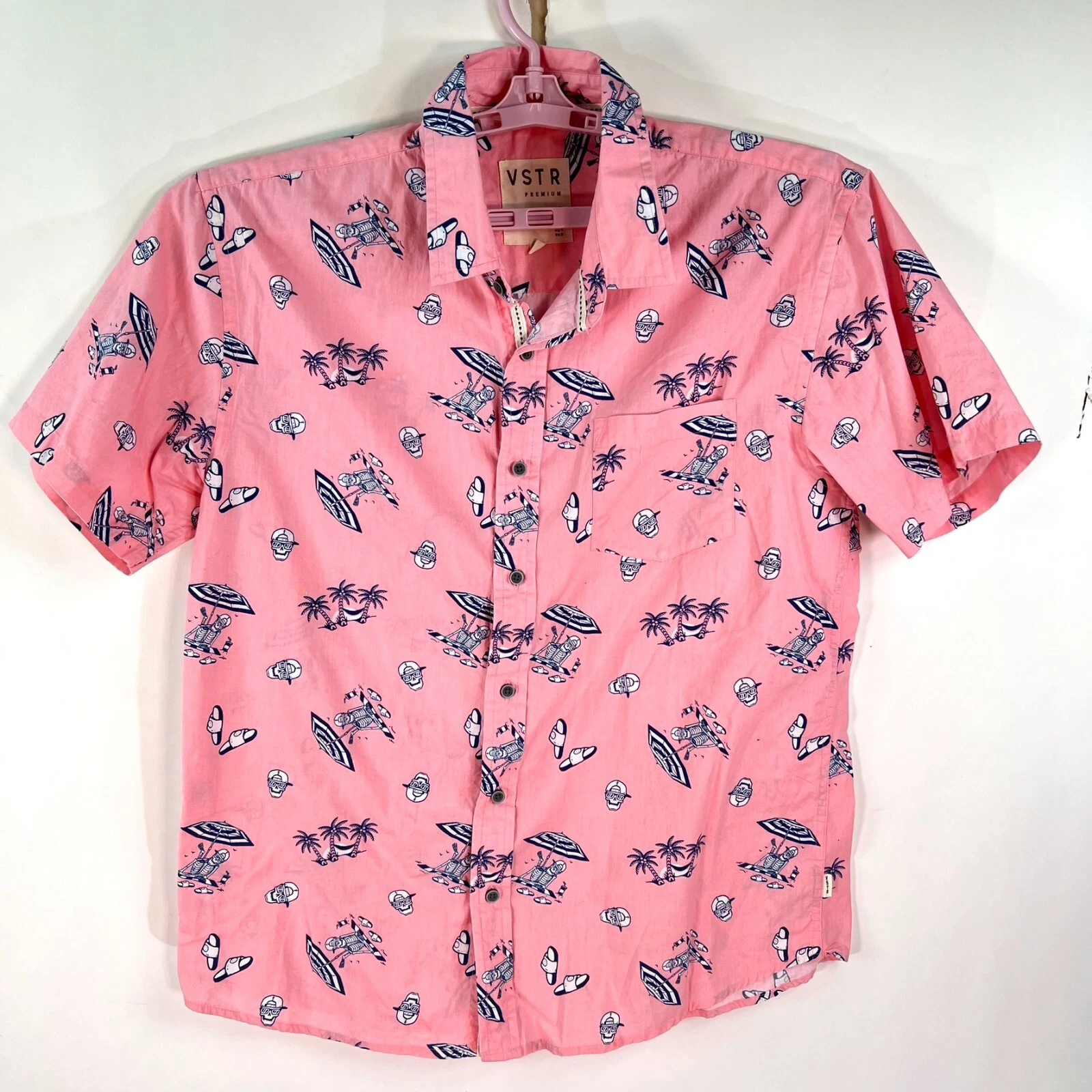 Vintage VSTR Premium Beach Shirt Mens Size XL Pink Skeletons on the Beach