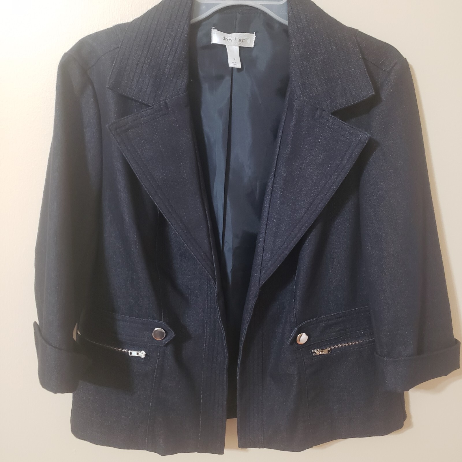 Denim Jacket  Blazer Size M  Medium Dark Wash Lined Zippered Pockets-image
