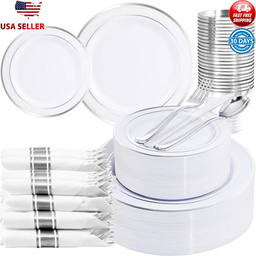 210pcs Silver Plastic Dinnerware Party Set 30 Guests Disposable Tableware New