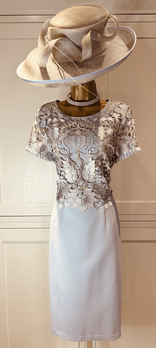 Phase Eight UK 14 Grey Mix Lace Layered Bodice Short Sleeve