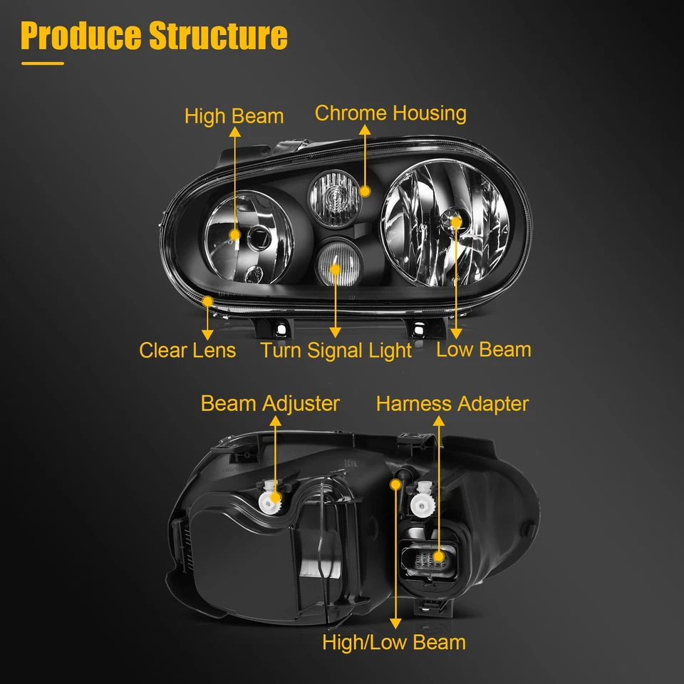 Fits 1999-2006 Volkswagen VW Golf Cabrio Headlights Black Housing Headlamps Pair - Изображение 3 из 4