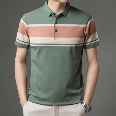 ZONBAILON Men's Summer Breathable Business Short Sleeve Stripe Polo Shirt