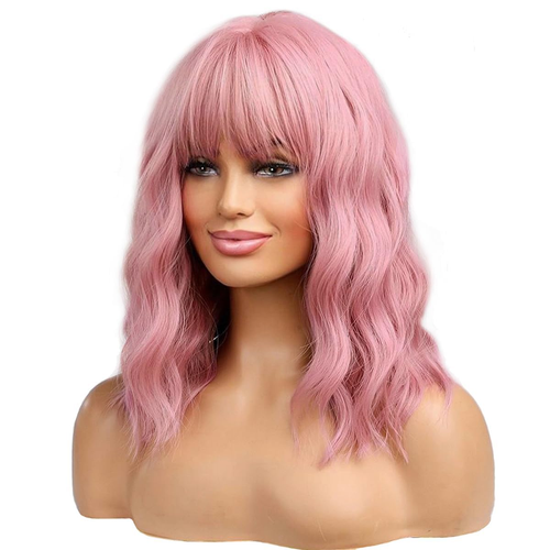 14 Inches Pink Wig for Women Girls Short Curly Synthetic Wig with Bangs Lovely P