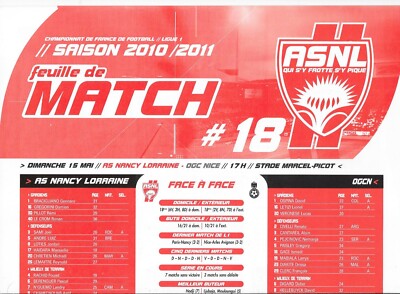 Spielbogen Nr. 18 ASNL - OGC NIce (2010 - 2011) - Liga 1