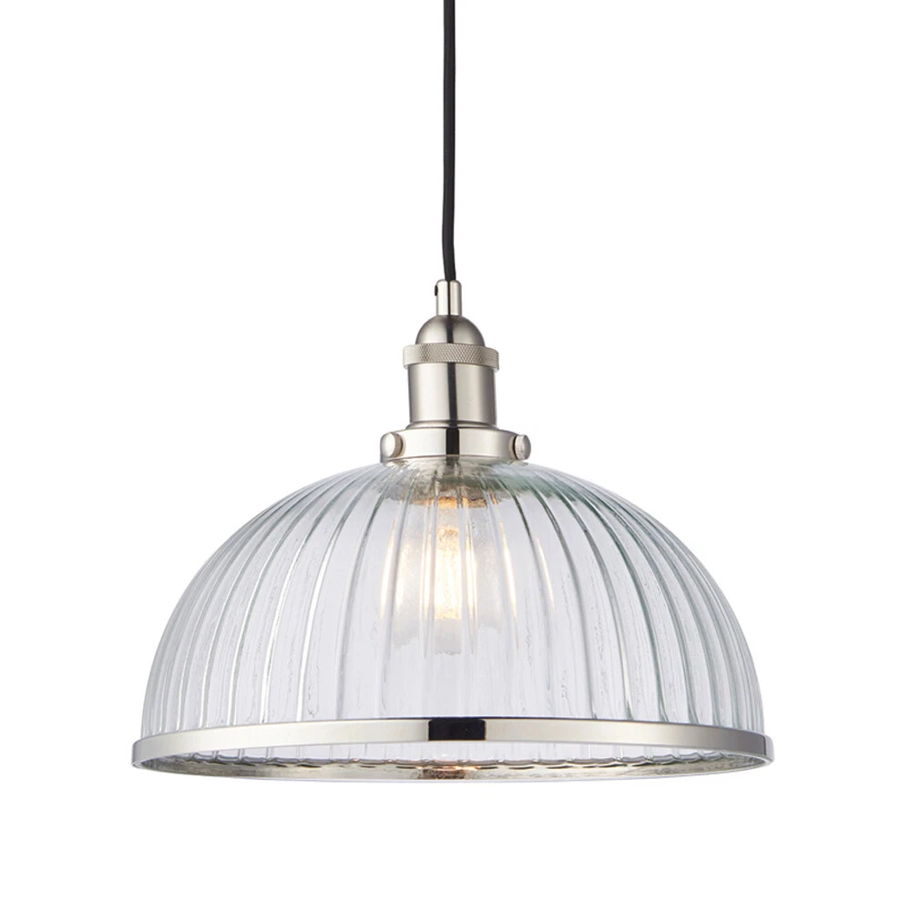 Hanging Ceiling Pendant Light Nickel RIBBED GLASS Dome Bowl Lamp Shade Holder