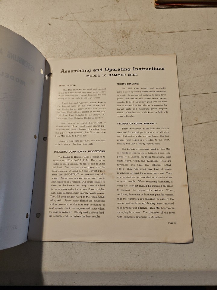 New Holland No. 10 Hammer MILL Parts List & Assembling/Operating