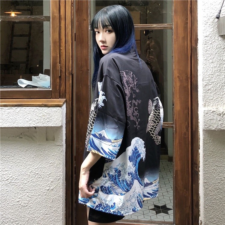 ジャケット・アウター Yacco Maricard Hokusai Kimono Gauze Coat Women Japanese Wave Coat Kimono Cardigan Yukata Hokusai Kanagawa