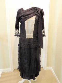 Antique Flapper Dress Navy Blue Lace Overlay 1920 30s White Panels Bow Sash XS