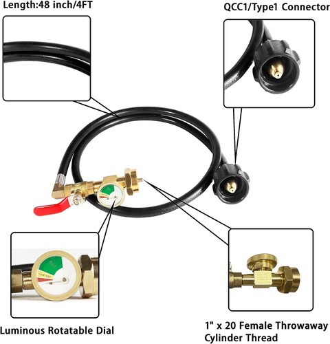 1Lb To 20Lb Propane Refill Adapter Extension Hose with Gauge On-Off Control 40'' - Picture 3 of 10
