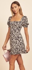 Reformation Lillian Mini Dress Black White Floral Square Neck Back Tie Size XS