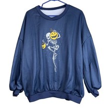 Halloween Skeleton  Jack-o-Lantern Navy Blue Fleece Sweatshirt w/1/2 Sleeves