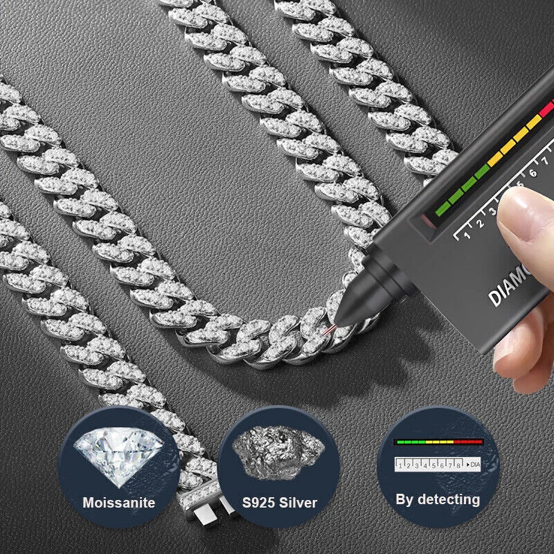 Real 8mm MOISSANITA Miami Eslabón Cubano Cadena Collar Pulsera Plata de Ley 925 Foto 3 de 4