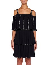 TED BAKER London Black Beaded Tiered Pleated Cold Shoulder Cocktail Dress 3TB =8