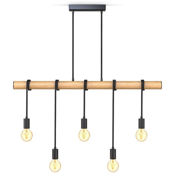 Pendelleuchte Retro Holz 5-Flammig E27 HäNgelampe Schwarz Vintage Esstisch-image