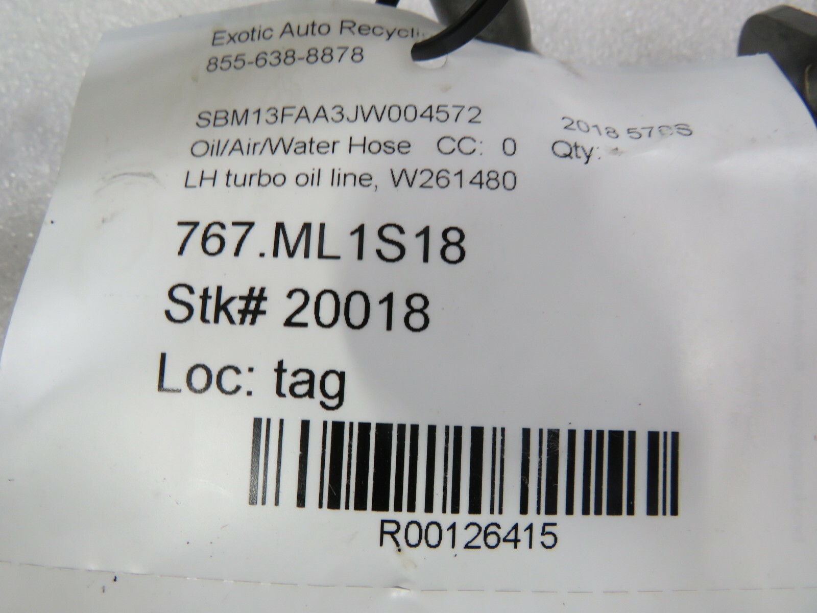 Mclaren 570S, LH, Left, Turbo Oil Line, Used, P/N W261480