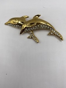 Authentic Vintage Shiny Gold Plated Twin Duo Dolphin Crystal Rhinestone Brooch Pin