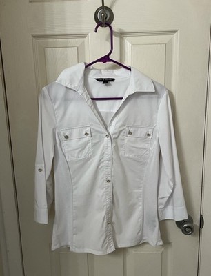 Zac & Rachel Women s White Solid Collared Button-Up 3/4 Sleeve Cotton Woven S