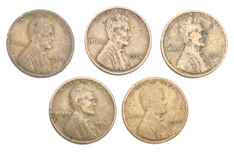 1928 LINCOLN CENTS, All Phil., 5 coin lot            Combined shipping available