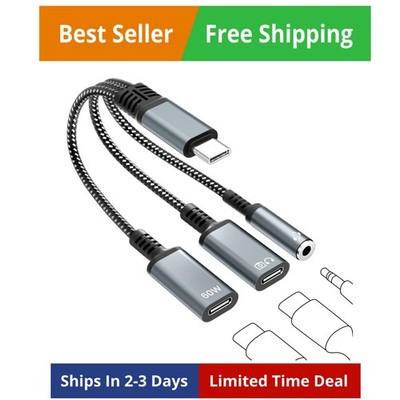 USB C Splitter 1 in 3 Out USBC Headphone Adapter with 60W Charging and Data -...