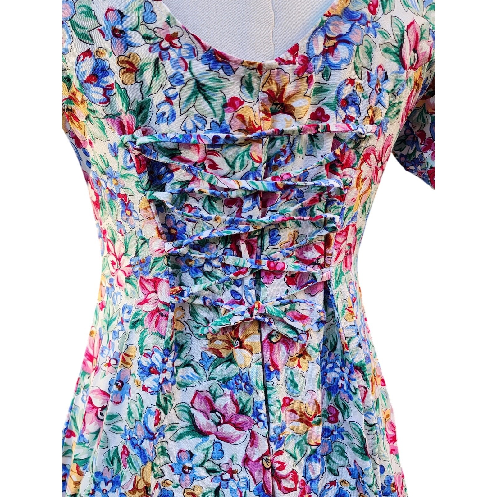 Colorful Floral Midi Lace Up Flowy Rayon Summer Ditsy Vacation Skater Dress Sz S