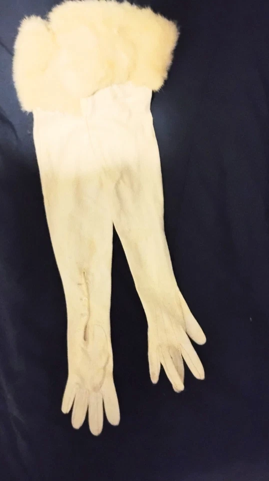 Guantes de cuero blancos para niños de 24" para boda ópera talla 7,5 con tapa 4 en blanco puño de visón rico Foto 3 de 4