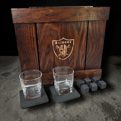 Las Vegas Raiders Legacy Picnic Time Whiskey Set Glasses Stones Coasters Wood